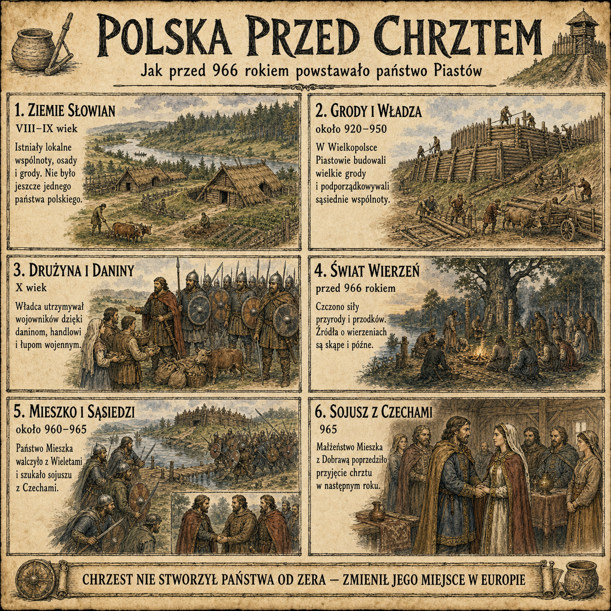 Polska przed chrztem — kwadratowa, ręcznie rysowana infografika o osadach słowiańskich, grodach Piastów, drużynie, wierzeniach oraz sojuszu Mieszka z Czechami
